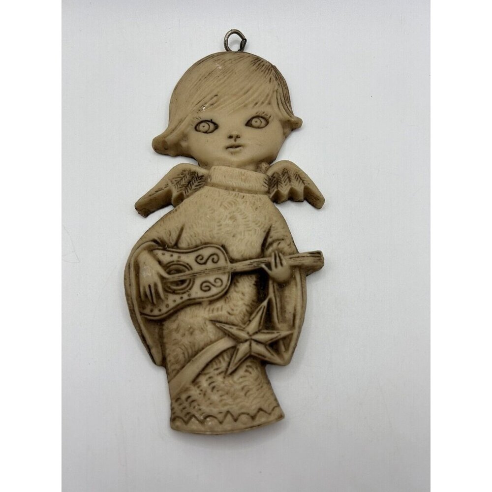 Vintage Celluloid Angel Playing  Guitar 7” WALL-HANGING Christmas Decor Holiday